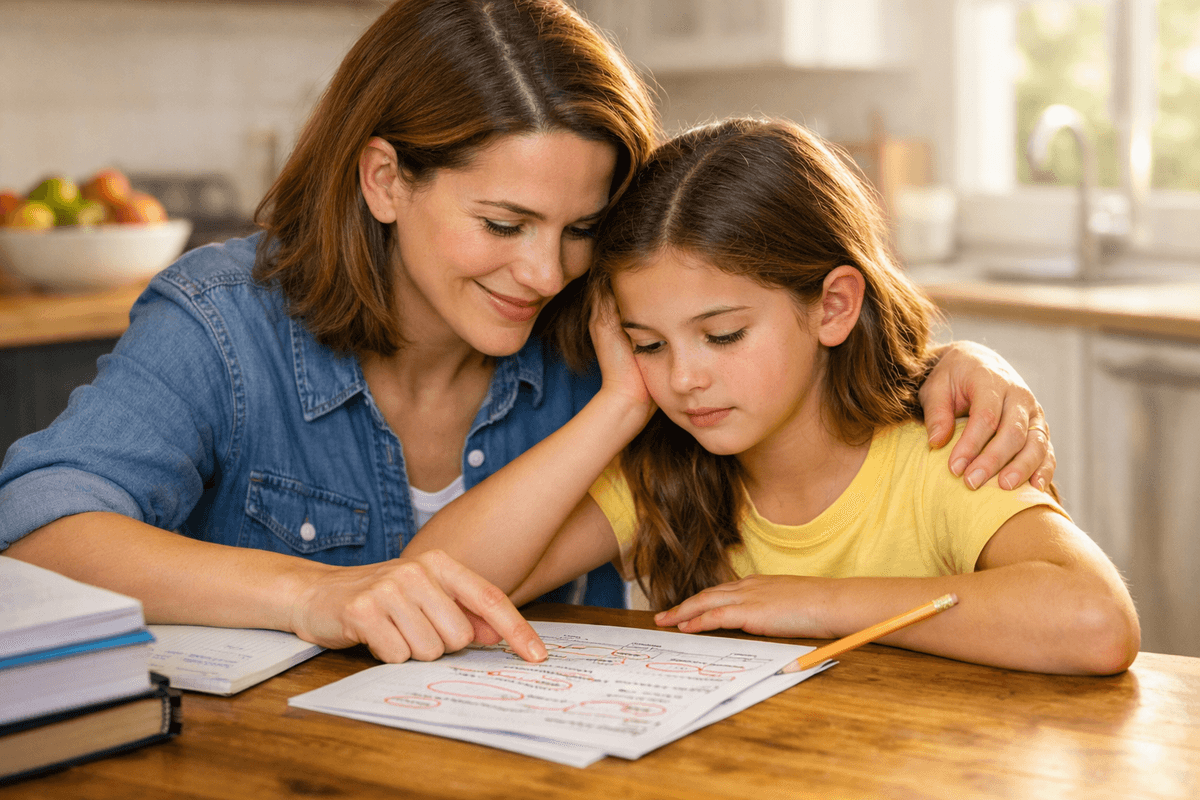 A parent and child looking at a worksheet together, with a phone showing a AhaMend diagnosis